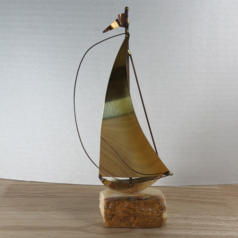 Don DeMott Brass Sailboat Sculpture Signed Stone Onyx Base Metal Vintage Boat